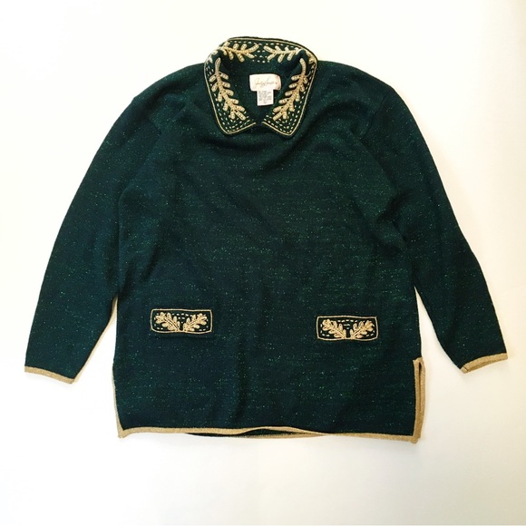 Vintage Sweaters - Vintage Jaclyn Smith Green and Gold Embroidered Sweater Tunic